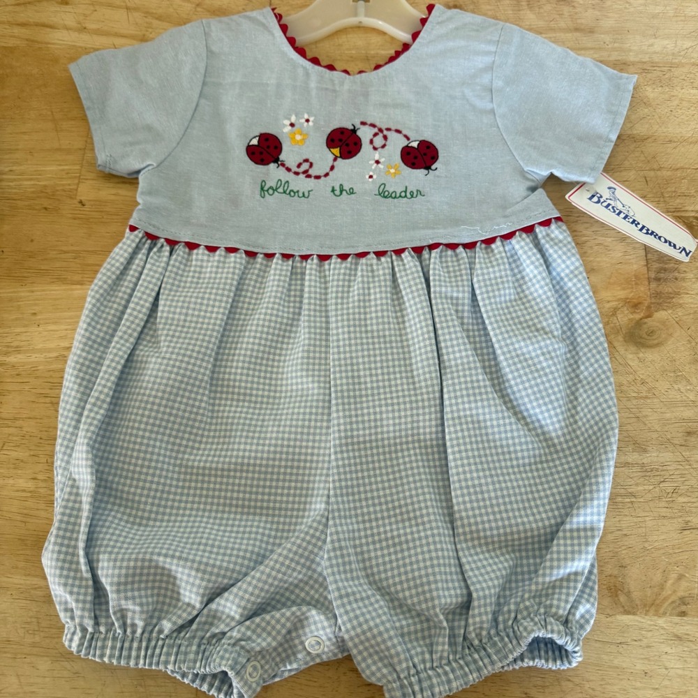 Vintage Buster Brown Baby Girl Ladybug Gingham Bubble Romper Blue 12M NWT FLAW